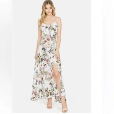 Lulus Bloom On Ivory Floral Maxi Dress Medium Red Green Women Sleeveless Cut Out