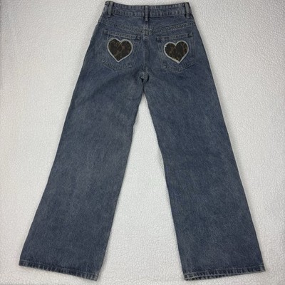 EDIKTED Wide Leg Jeans Mid Rise Women s S Blue Denim Y2K Hearts