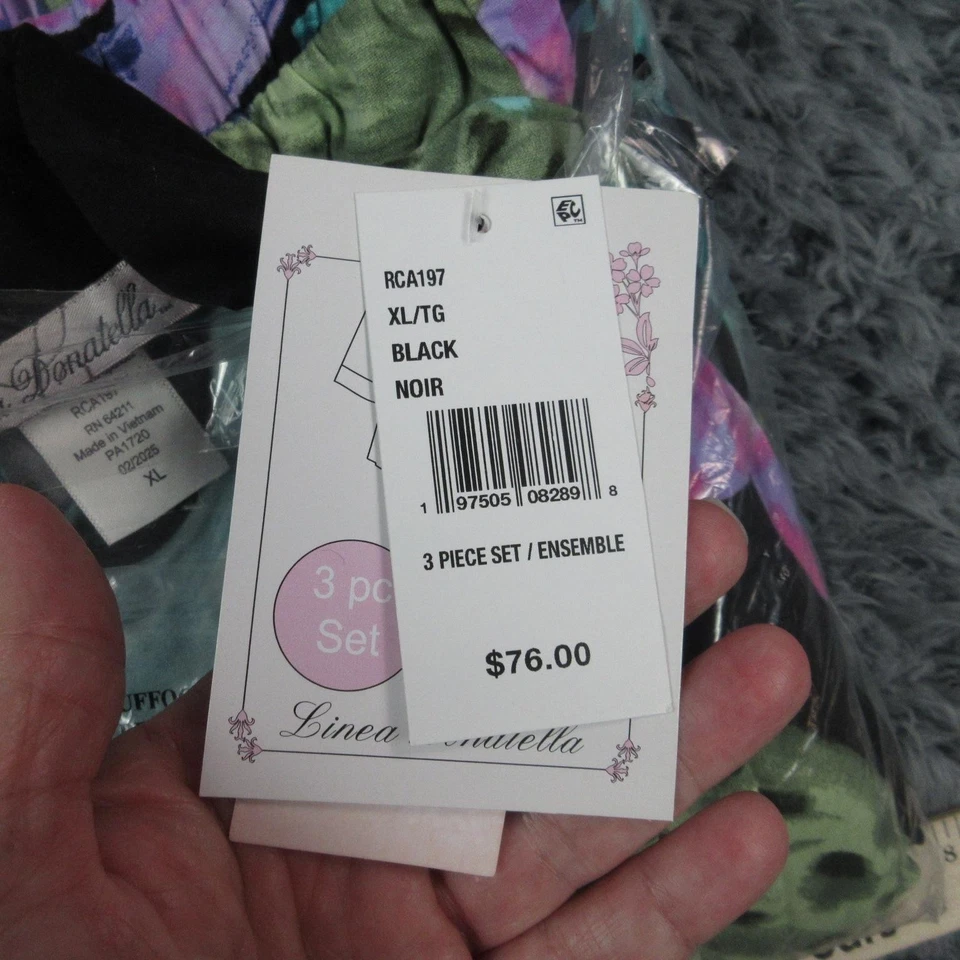 Conjunto de pijama de 3 piezas Linea Donatella para mujer XL negro floral túnica cami pantalones nuevo con etiquetas Foto 4 de 4
