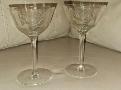 Vintage Depression Champagne Cocktail Stem Paneled Glass Etched Floral 5¾'' Pair