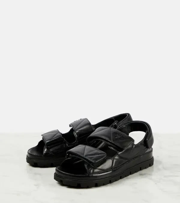 NW AUTH PRADA QUILTED DAD SANDALS PATENT LEATH BLACK SZ 