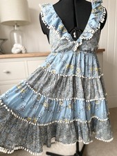 Zimmermann Blue Caravan Floral Tiered Pom Pom Mini Dress Boho Designer Size 2  