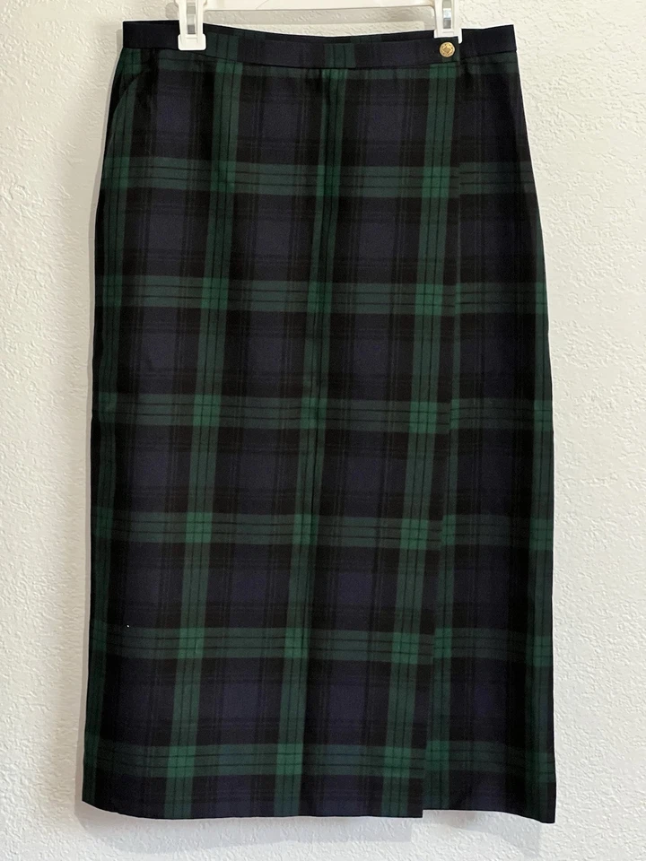 Sz 14 Long Black Watch Tartan Plaid Blue Green British Academia Outlander Skirt - Image 2 of 4