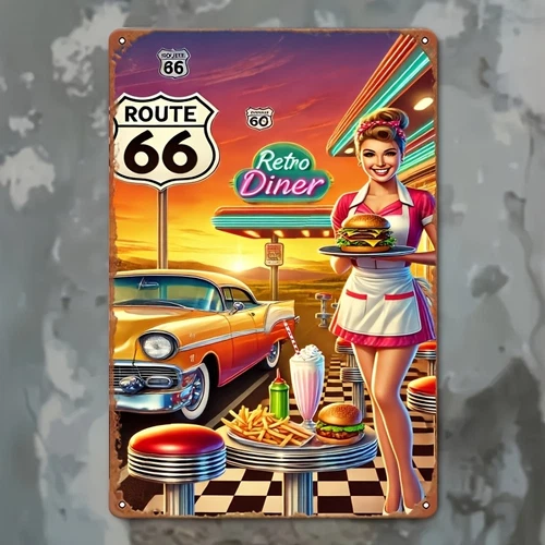Retro Route 66 Diner Tin Metal Signs Wall Art – Vintage American Restaurant Deco