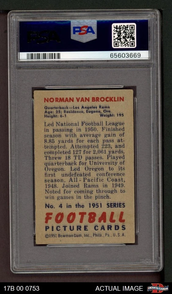 1951 Bowman #4 Norm Van Brocklin Rams RC HOF Oregon PSA 3 - VG - Image 2 of 2