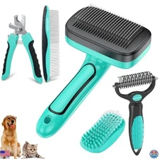 5-in-1 Dog Grooming Brush Kit - Self-Cleaning Slicker Brush & Comb Set for Pets