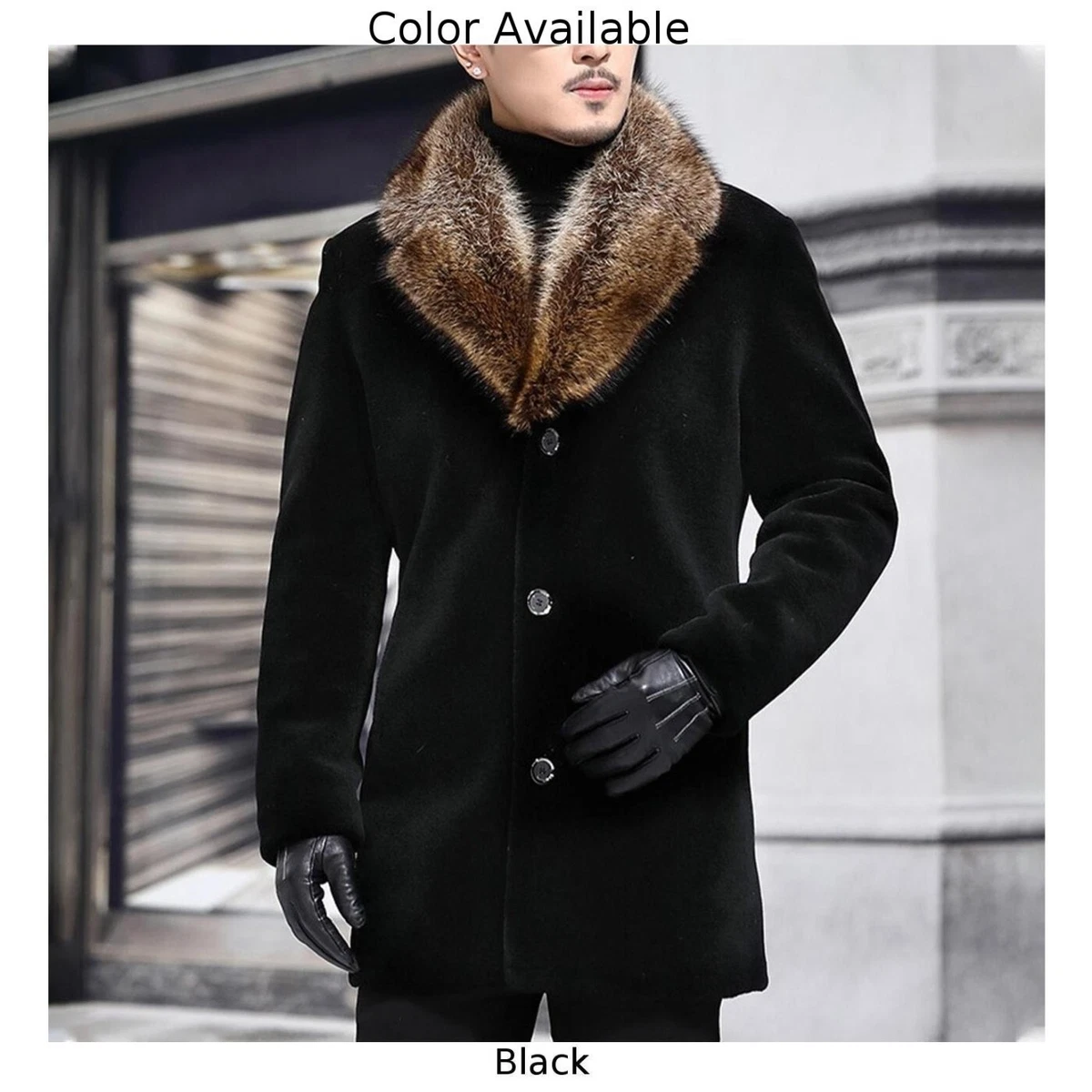 Mens Faux Fur Overcoat Fur Collar Outdoor Jacket Trench Coat Parka