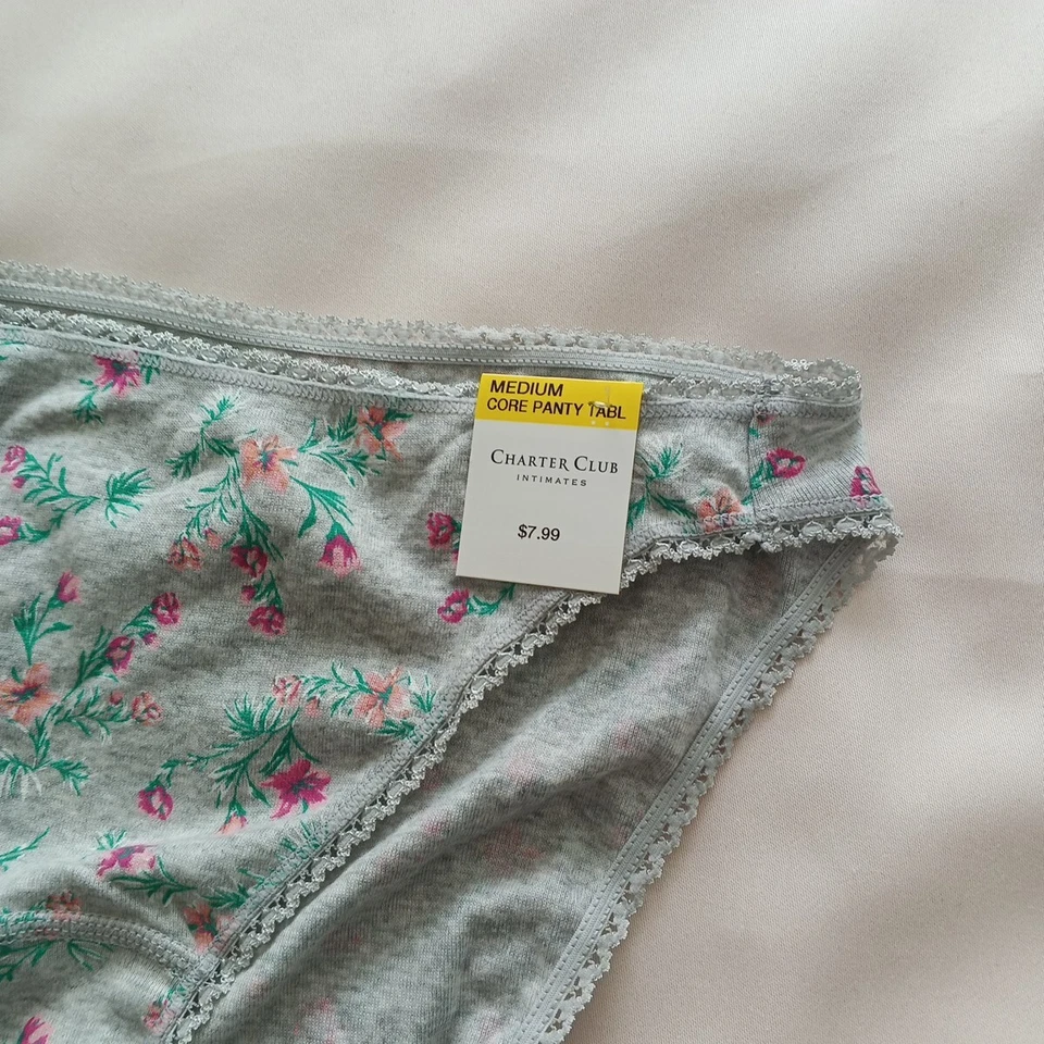 NUEVO CON ETIQUETAS CHARTER CLUB Panty TALLA MEDIANA Gris Floral 100% Algodón Foto 2 de 4