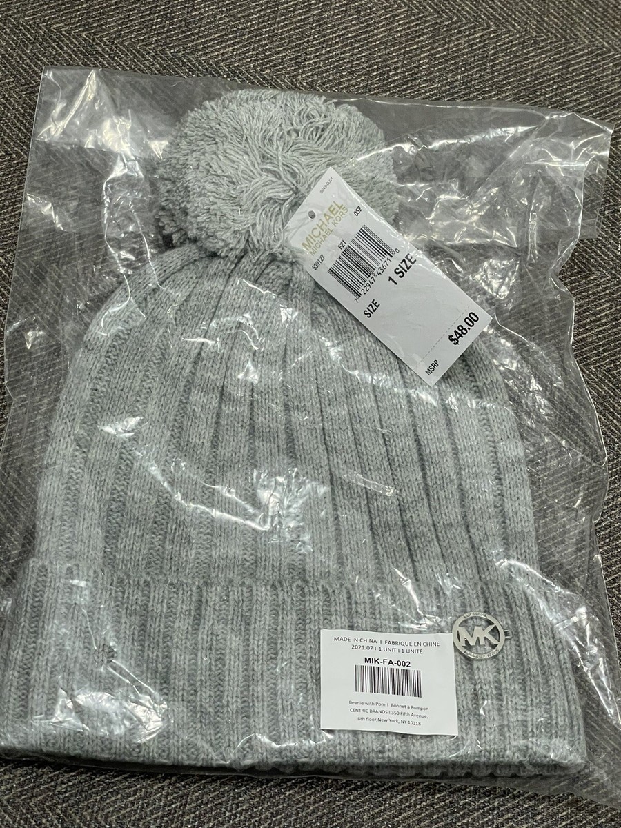 NEW! Michael Kors Light Gray Knit Beanie Pom Pom Silver MK One