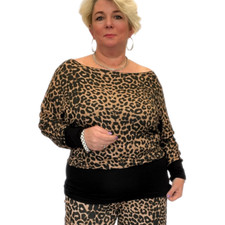 WOMENS TOP LADIES BROWN LEOPARD PRINT BATWING TOP WITH WIDE HEM PLUS SIZE