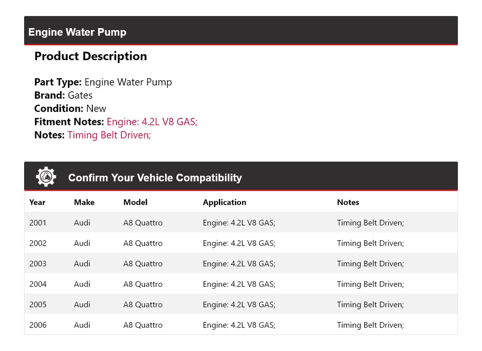 适用于 2001 - 2006 年奥迪 A8 Quattro 4.2L V8 气体发动机水泵门 2002 2003 2004 — 第 2/4 张图片