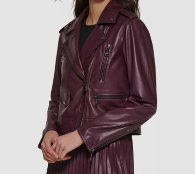 $179 DKNY Women's Purple Asymmetric Faux-Leather Moto Jacket Coat