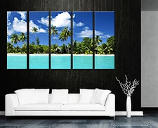 HAWAII Seascape/Palm Trees ready to  hang 5 panel framed art/surpassed stretched