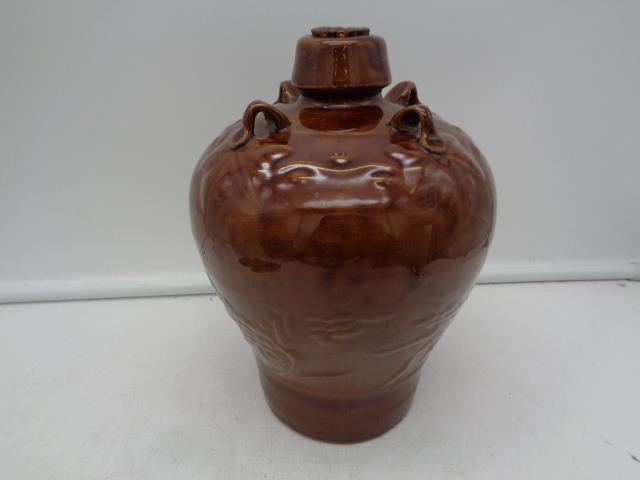 Vintage Chinese Brown Glazed Pottery Stoneware Rice Wine Bottle