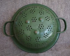 Enamelware COLANDER - Dark Green with Gilt Bands - 10 1/4” dia. - VINTAGE