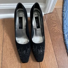 Stuart Weitzman Women's Black Sparkle Rhinestone Pumps Heel Size 7.5 AA