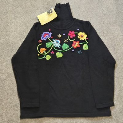 QVC Quacker Factory Black Turtleneck Sweater Embellished Flowers Sz L 3D