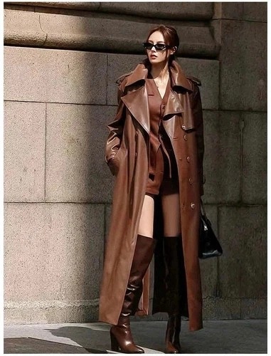 Leather Women Trench Long Coats Jacket Lambskin Double Faced Breasted Brown 1 image 2
