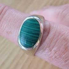 Sterling Silver Malachite Ring Unisex Natural Green Stone Open Back Size 9.75/10
