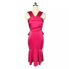 Theia Fuschia Satin Pleated Neck Bow Back Midi Cocktail Dress