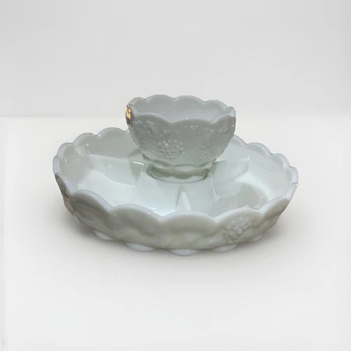 Westmoreland Paneled Grape Milk Glass Divided Relish Dish, Dip Bowl Vintage