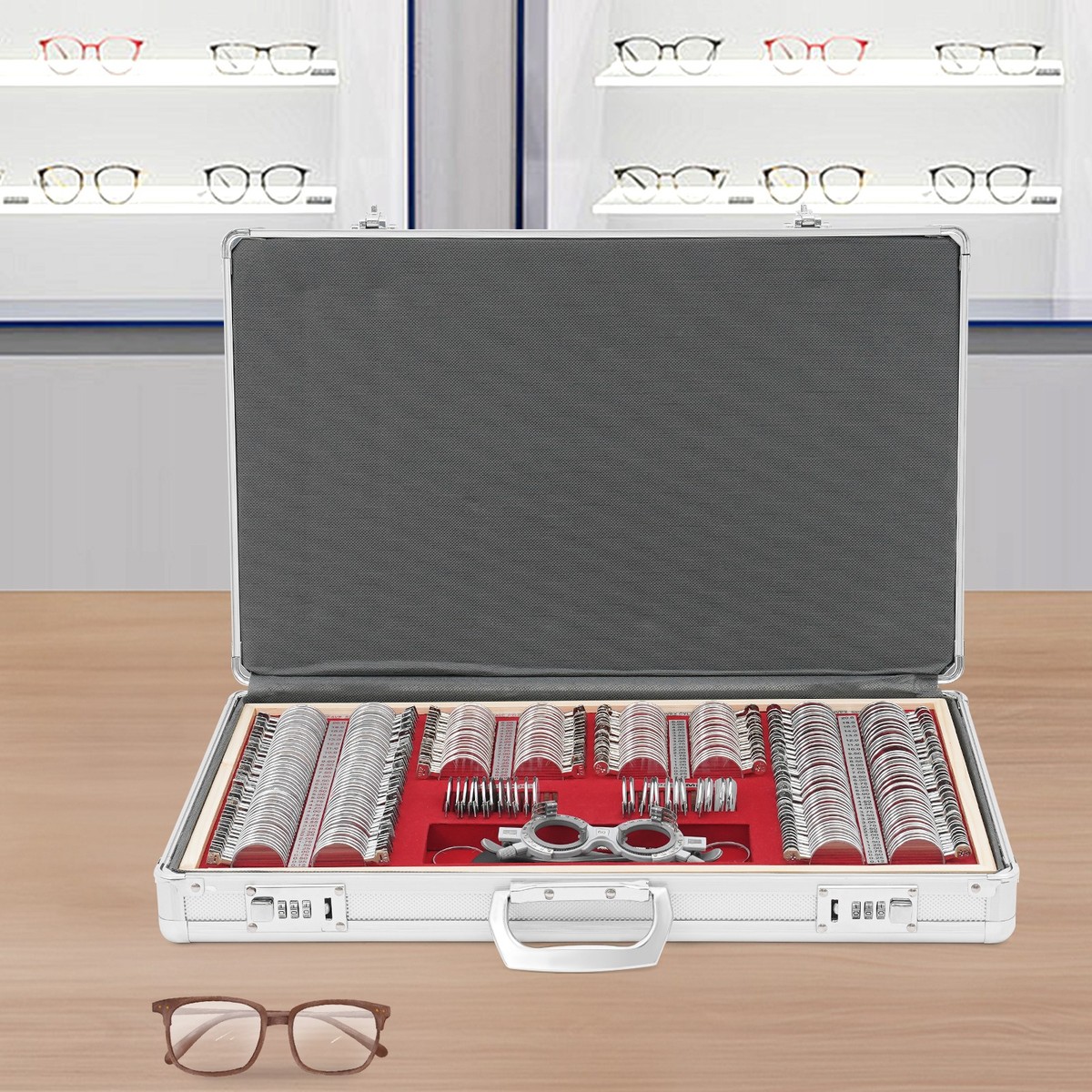 266Pcs Optical Trial Lens Set Optometry Kit Metal Rim Aluminum Box