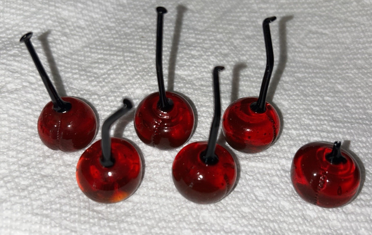 Murano Style Blown Glass Cherries with Black Stems Cherry Beautiful Fruit Set