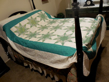 Vtg Hand Quilted 8 Point Star Quilt  Shades of Greens 103.x75"