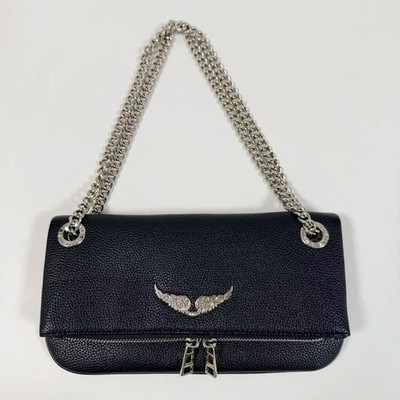 Zadig & Voltaire Rock Wing Shoulder Bag Black Leather Chain Crossbody 27×15×3cm