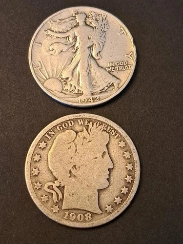 Lot (2) 1942-P & 08-D Walking Liberty / Barber Half Dollar Coins