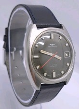 Vtg 1960s Technos 17 Jewels Date Red Second Hand Steel Gents Watch Cal FHF 974