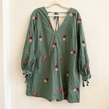 Asos Design Women's Floral Cotton Poplin V Front V Back Green Mini Dress Size 10