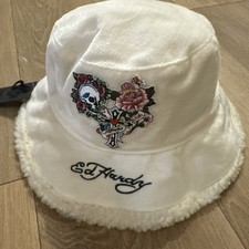 Ed Hardy Fleece Bucket Hat, Skull, Roses & Cross Embroidered Design Ivory NEW