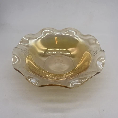Vintage Floragold Depression Glass Bowl With Ruffled Edges And Floral Pattern