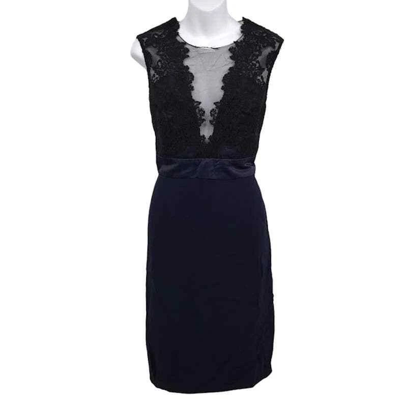 Theia Deep Midnight Sheath Dress 14 Blue Black Lace Plunge V Neck