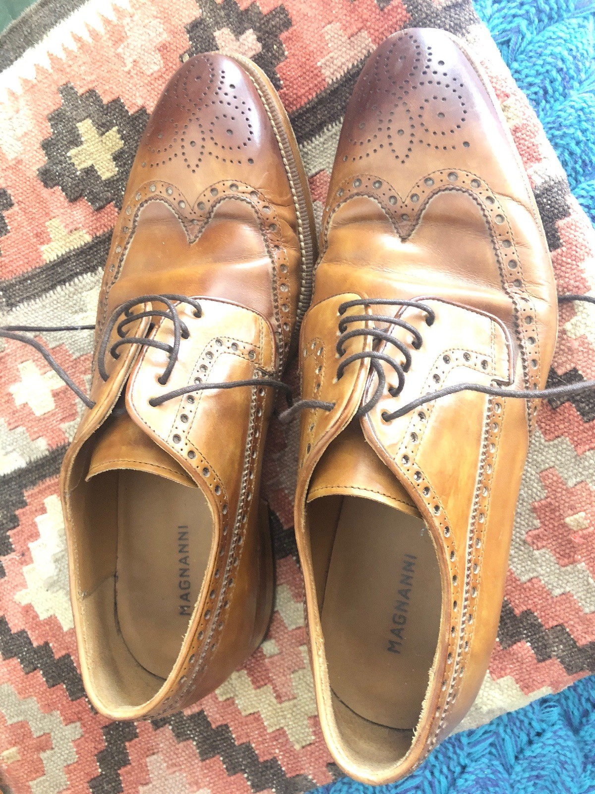 MAGNANNI Cognac Tan Burnished Pelle Cap Toe Brogue Oxfords Dress Shoes sz 10 MAGNANNI Cognac Tan Burnished Pelle Cap Toe Brogue Oxfords Dress Shoes sz 10