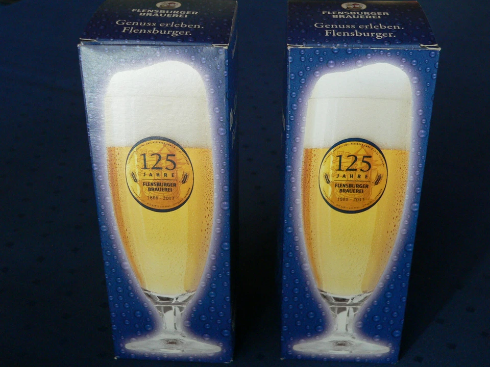 2 SAMMLERGLÄSER PILSGLÄSER BIERGLÄSER 125 JAHRE FLENSBURGER BRAUEREI GOLD IN OVP - Bild 2 von 4