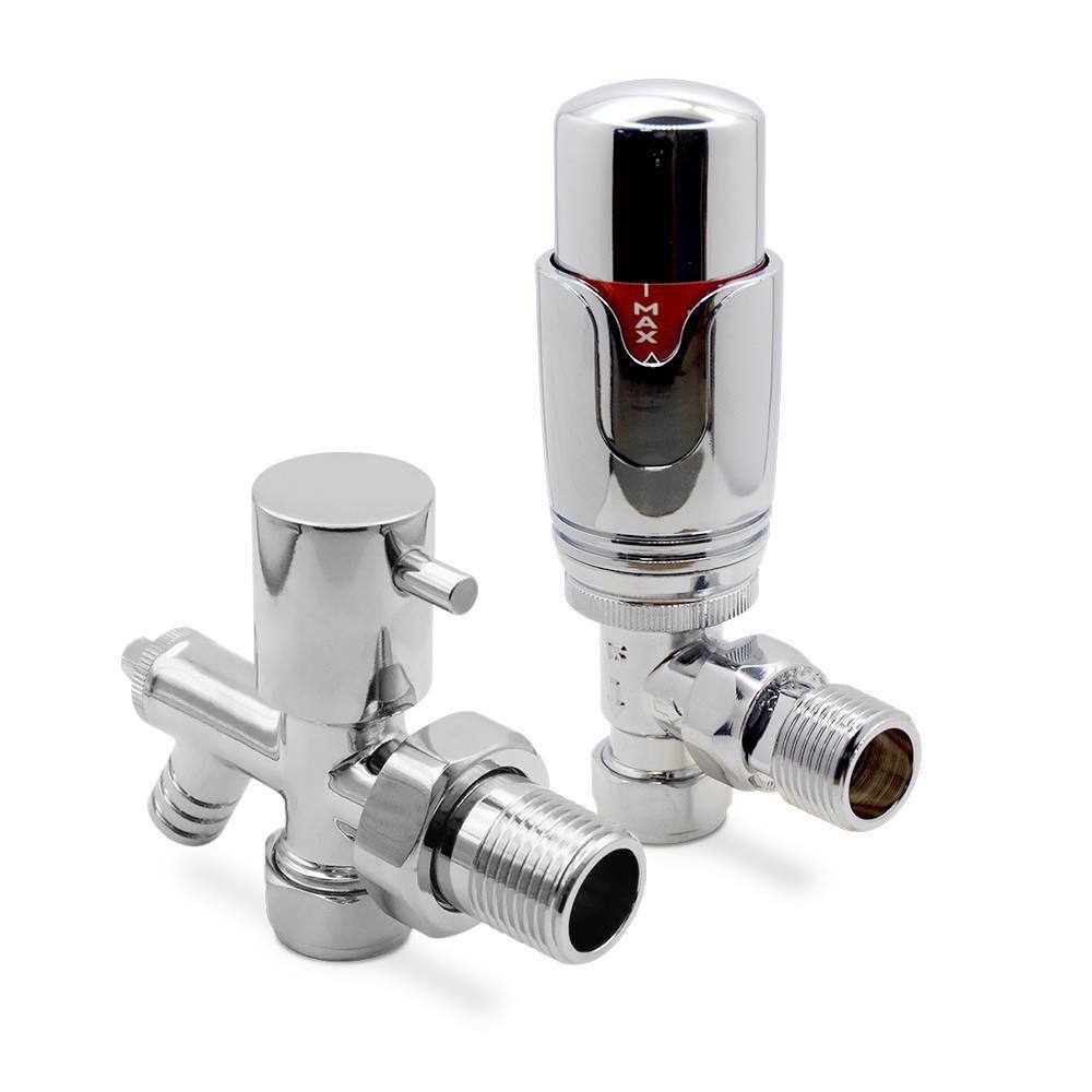 Valve Drain Off Chrome Angled TRV Thermostatic Radiators Towel Rails