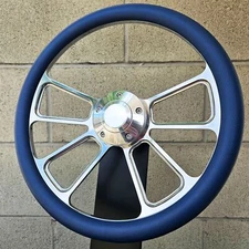 14" Billet 4 Spoke Steering Wheel W/ Blue Vinyl Half Wrap and Plain Horn