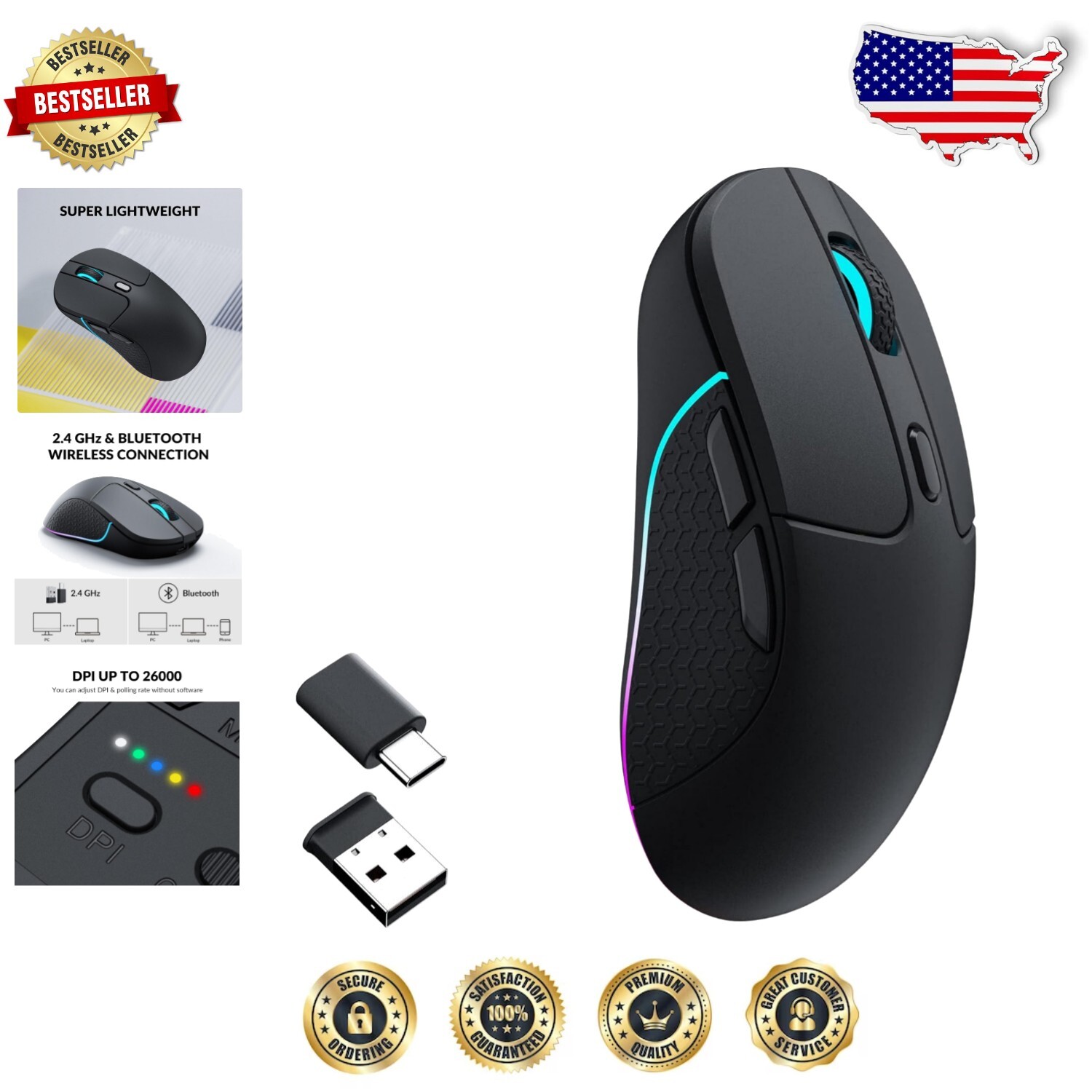 Ergonomic M3 Wireless Mouse with 26K DPI RGB Customization Long Battery Life