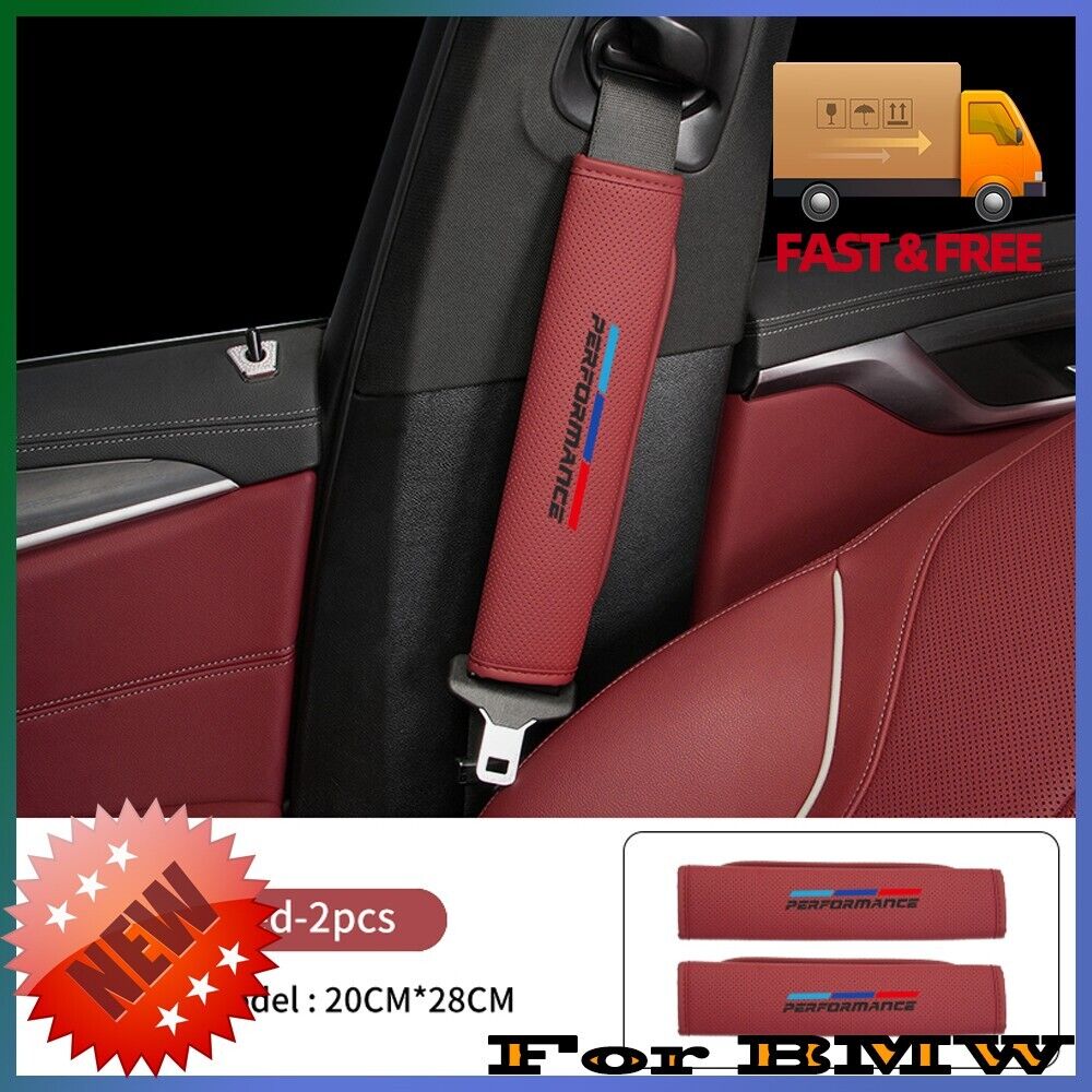 Car Seat Belt Cover Shoulder Protector Cushion Pad for BMW Leather 2pcs Red