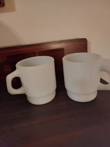 Vintage Anchor Hocking Oven Proof  White Milk Glass Stacking Coffee Mugs 