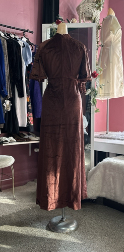 Vintage 70s Velvet Midi Maxi Dress Brown Boho Hippy Minimalist Hostess M/L - Picture 6 of 8
