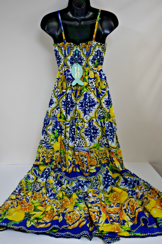 ANTICA SARTORIA 2023 LEMONS & CORAL BLU SMOCKED TOP LONG DRESS NWT OS - Picture 3 of 3