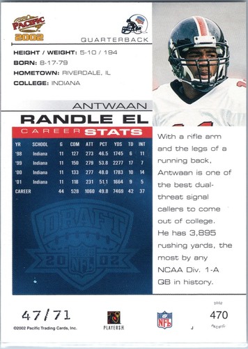 2002 Pacific LTD RC /71 Antwaan Randle El #470 Limited Pittsburgh Steelers - Picture 2 of 2