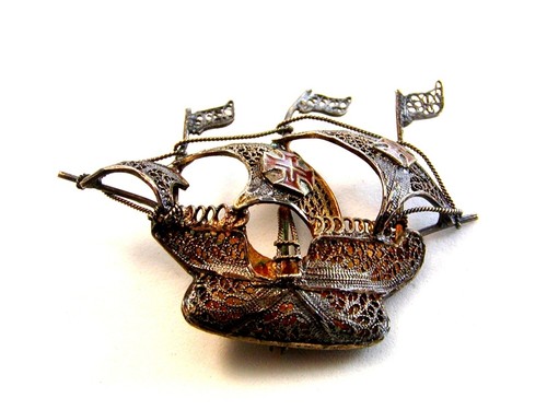 Broche Vintage 800 Plata Galeón Español Esmaltado Cruz Filigrana - Imagen 4 de 4