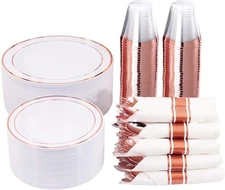 WELLIFE 350 Pieces Rose Gold Plastic Dinnerware, 50 Guests 