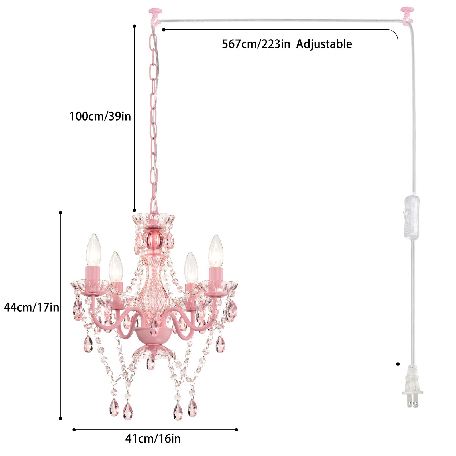 Plug-In Crystal Chandelier Pink 4-Light Mini Ceiling Fixture for Girls Bedroom