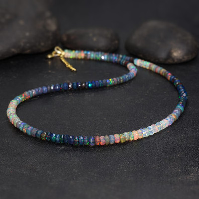 Fire Black Opal Faceted Beads Necklace for Her, Genuine Opal Gemstone Beaded