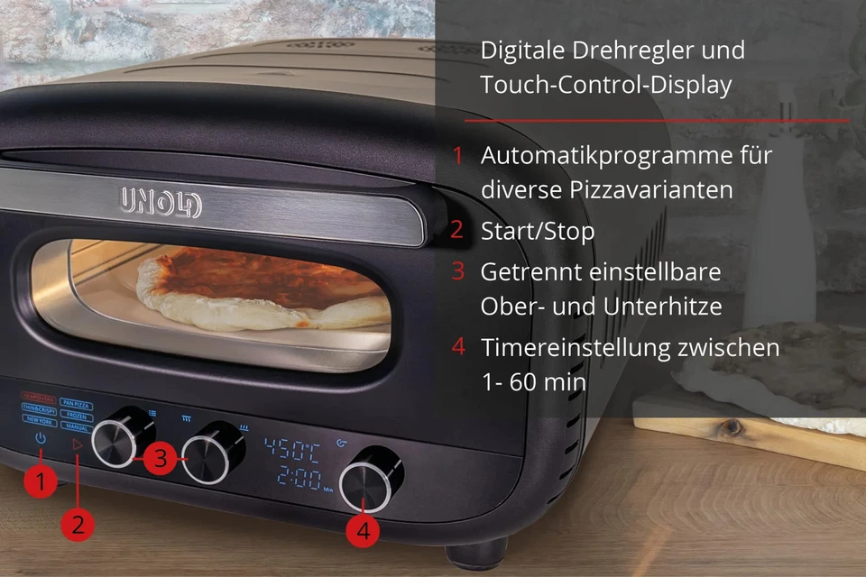 Pizzaofen Unold 68805 Don Alfredo 1700W schwarz, Pizzastein 32x32cm, 450°C - Bild 4 von 4